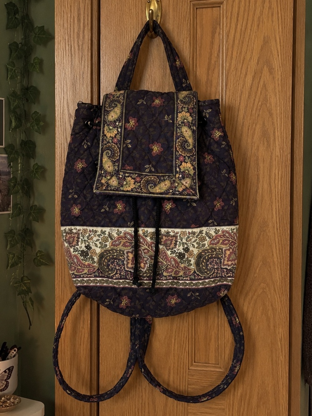 Vintage 90s Vera Bradley Black Walnut Mimi Drawstring Backpack Made USA